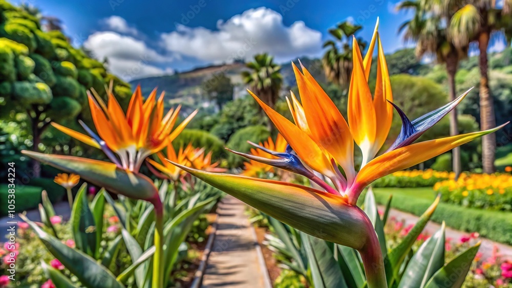 Fototapeta premium reflected strelitzia in botanical garden