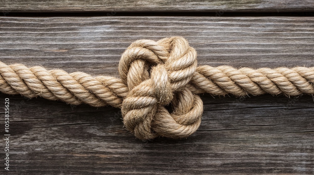 Nautical knot on a wooden surface with a sturdy aged maritime rope Nautical knot on a wooden surface with a sturdy aged maritime rope