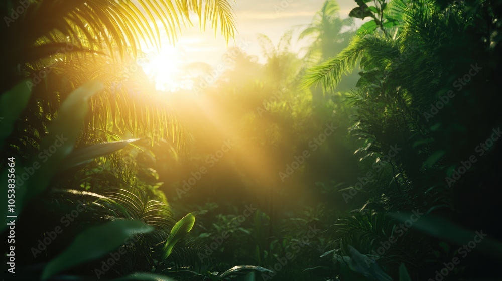Obraz premium Sunlight Streaming Through Dense Tropical Foliage