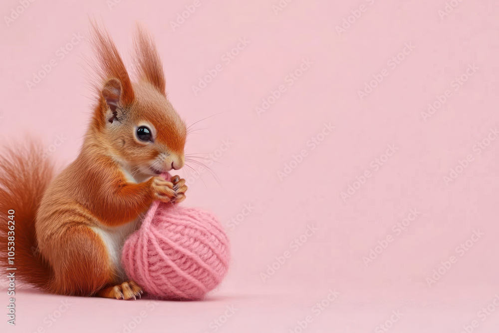 Naklejka premium Adorable squirrel with pink yarn on a soft pink background.