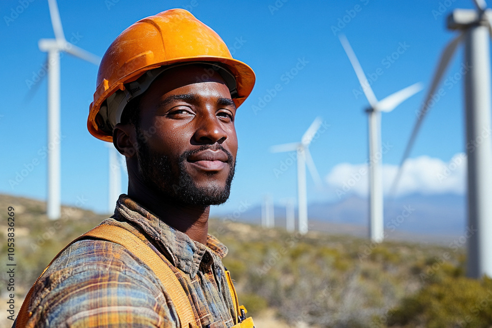 Confident engineer at wind farm with turbines in background