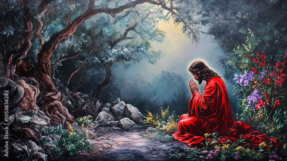 Fototapeta premium Painting of Jesus Praying in the Garden of Gethsemane