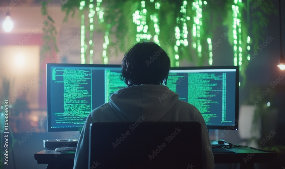 Person coding at dual monitors with green text in a dimly lit room. Person coding at dual monitors with green text in a dimly lit room.