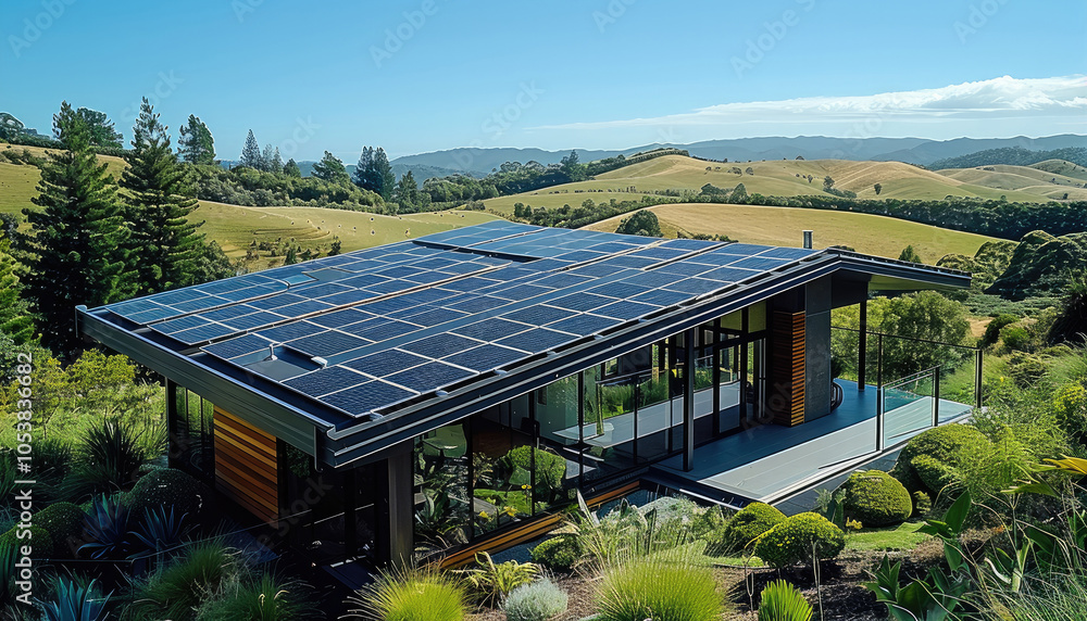 A solar panels securely mounted on the rooftop of a modern home, surrounded by lush greenery and rolling hills under a clear blue sky. A solar panels securely mounted on the rooftop of a modern home, surrounded by lush greenery and rolling hills under a clear blue sky.