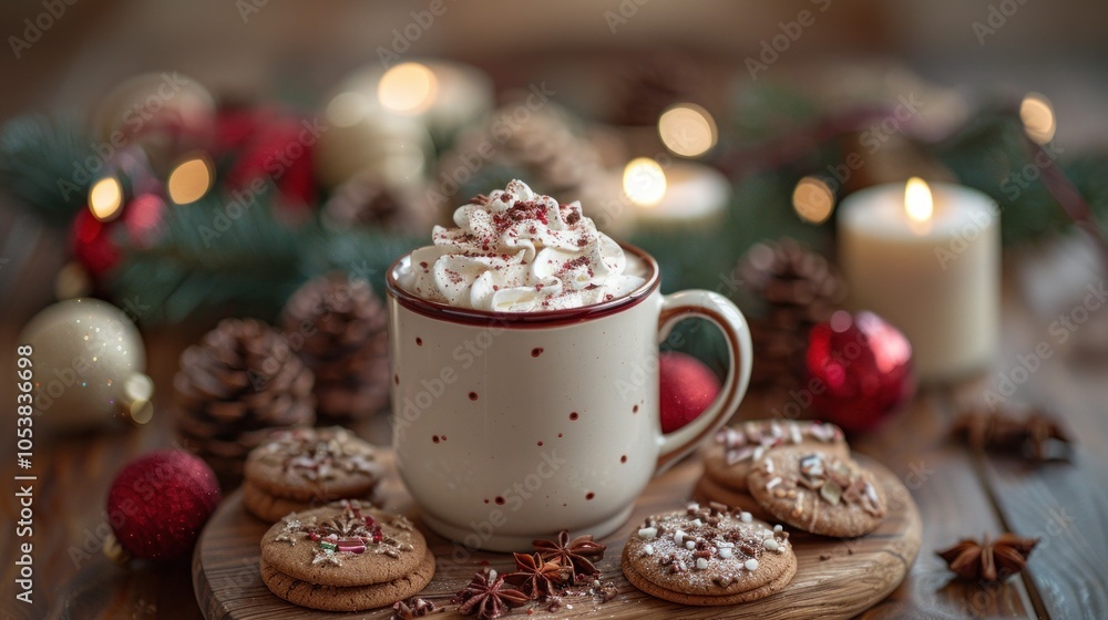 A warm mug of hot chocolate topped with whipped cream, accompanied by festive cookies and Christmas decor, evoking cozy holiday vibes A warm mug of hot chocolate topped with whipped cream, accompanied by festive cookies and Christmas decor, evoking cozy holiday vibes