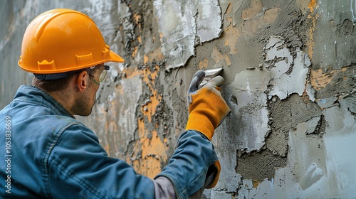 A construction worker wearing safety gear applies mortar to a wall with a trowel.