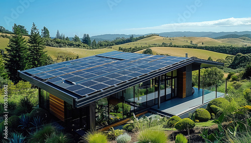 A solar panels securely mounted on the rooftop of a modern home, surrounded by lush greenery and rolling hills under a clear blue sky.