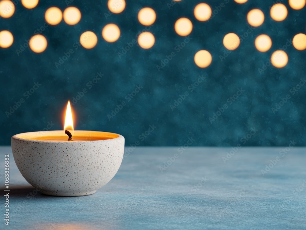 A lit candle in a bowl, surrounded by soft glowing lights in the background. A lit candle in a bowl, surrounded by soft glowing lights in the background.