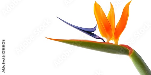 A vibrant bird of paradise flower with striking orange and purple petals against a white background.