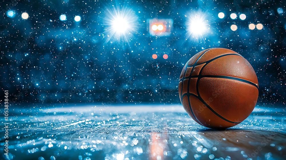 A basketball resting on a court under bright stadium lights, capturing the essence of the game A basketball resting on a court under bright stadium lights, capturing the essence of the game