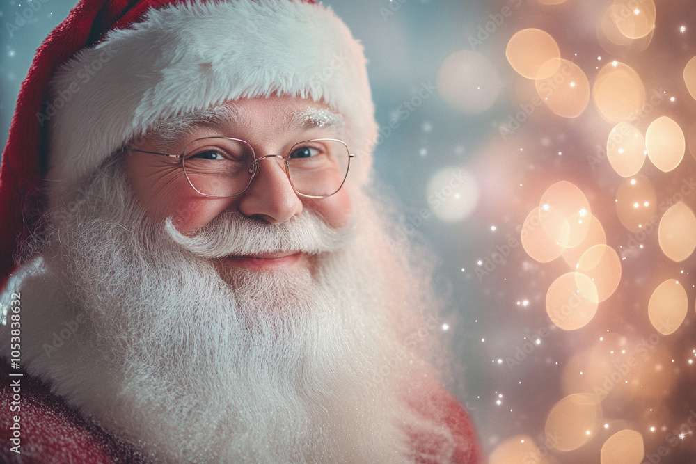 A smiling Santa Claus with a red hat and glasses. He is looking at the camera. The background is blurry and has a Christmas theme A smiling Santa Claus with a red hat and glasses. He is looking at the camera. The background is blurry and has a Christmas theme