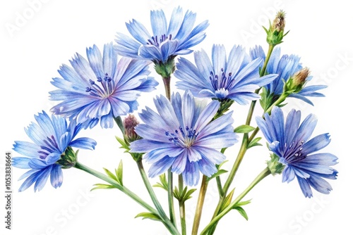 Reflected watercolor chicory flowers isolated on white background