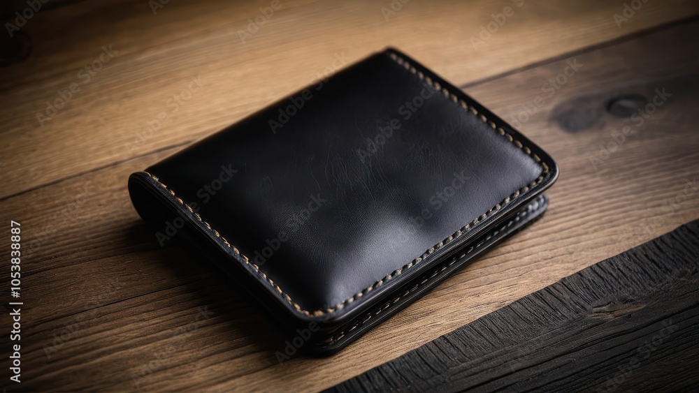 A sleek black leather wallet rests on a wooden surface, highlighted by warm lighting, showcasing its smooth texture and elegant stitching. A sleek black leather wallet rests on a wooden surface, highlighted by warm lighting, showcasing its smooth texture and elegant stitching.