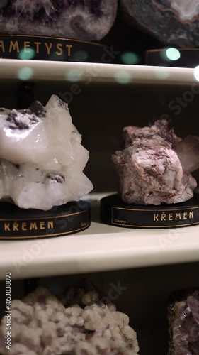 A display of various mineral specimens in a museum, each labeled with its name. The collection includes fluorite in multiple colors, hematite with a deep reddish hue, atacamite with a green crystal st photo