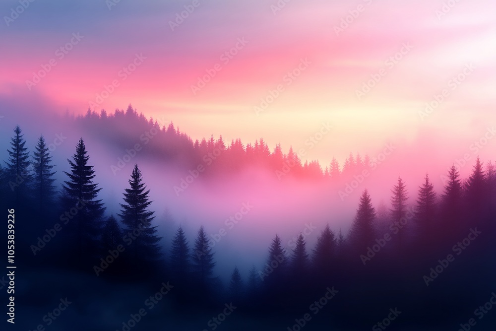 A serene forest landscape at dawn with mist and colorful skies. A serene forest landscape at dawn with mist and colorful skies.