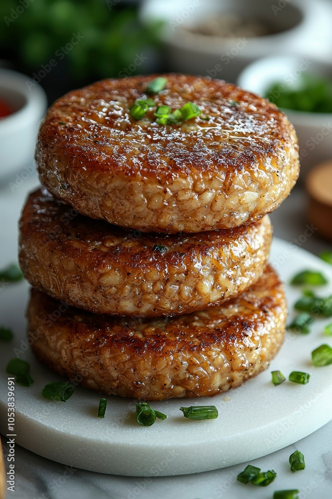 Stack of Three Golden Brown Rice Cakes Topped with Green Onions Stack of Three Golden Brown Rice Cakes Topped with Green Onions