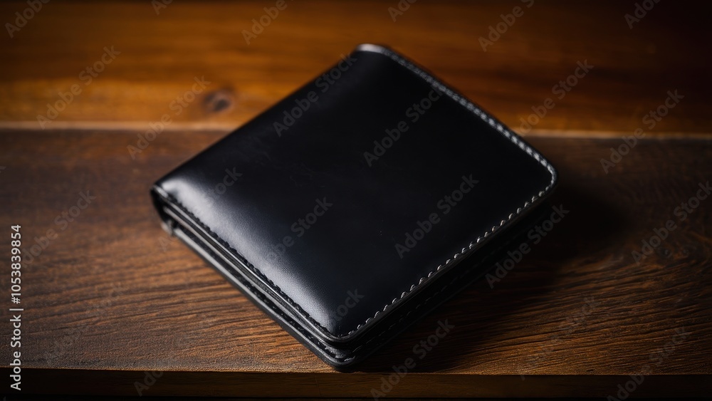 A sleek black leather wallet rests on a wooden surface, highlighted by warm lighting, showcasing its smooth texture and elegant stitching. A sleek black leather wallet rests on a wooden surface, highlighted by warm lighting, showcasing its smooth texture and elegant stitching.