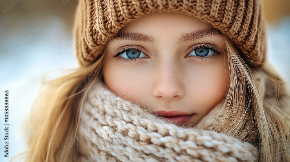 Close-up Portrait of a Beautiful Young Woman in a Knitted Hat and Scarf Against a Blurred Winter Background Close-up Portrait of a Beautiful Young Woman in a Knitted Hat and Scarf Against a Blurred Winter Background