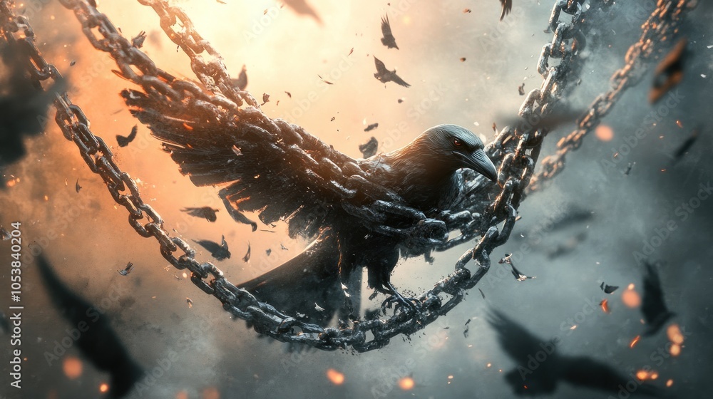 Fototapeta premium A powerful raven breaks free from chains amidst a swarm of flying birds and dramatic lighting.