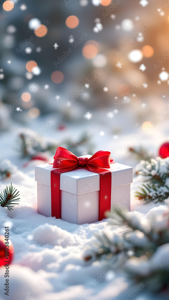 White Christmas Gift Box with Red Ribbon in Magical Winter Scene with Bokeh Background White Christmas Gift Box with Red Ribbon in Magical Winter Scene with Bokeh Background