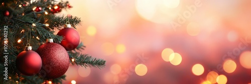 Christmas Tree with Red Ornaments and Bokeh Background