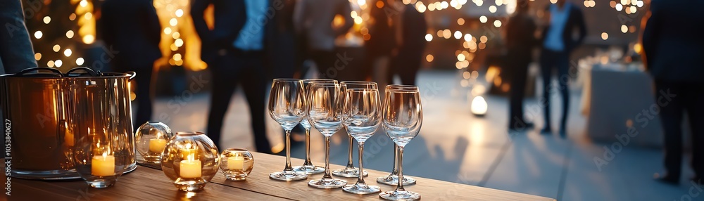 Elegant table setting with sparkling glasses and decorative lights for a festive occasion. Elegant table setting with sparkling glasses and decorative lights for a festive occasion.
