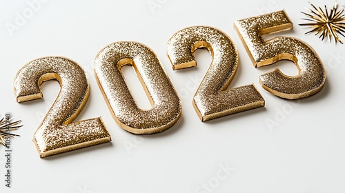 Glittering 2025 numbers on a white background with festive decorations.