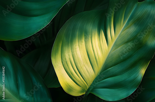 Close-up macro nature exotic bright green leave texture tropical Jungle plant abstract background.Curve leaf floral botanical desktop wallpaper,website cover backdrop.