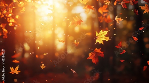 Autumn leaves falling in a golden forest, creating a serene atmosphere with sunlight filtering through trees. photo