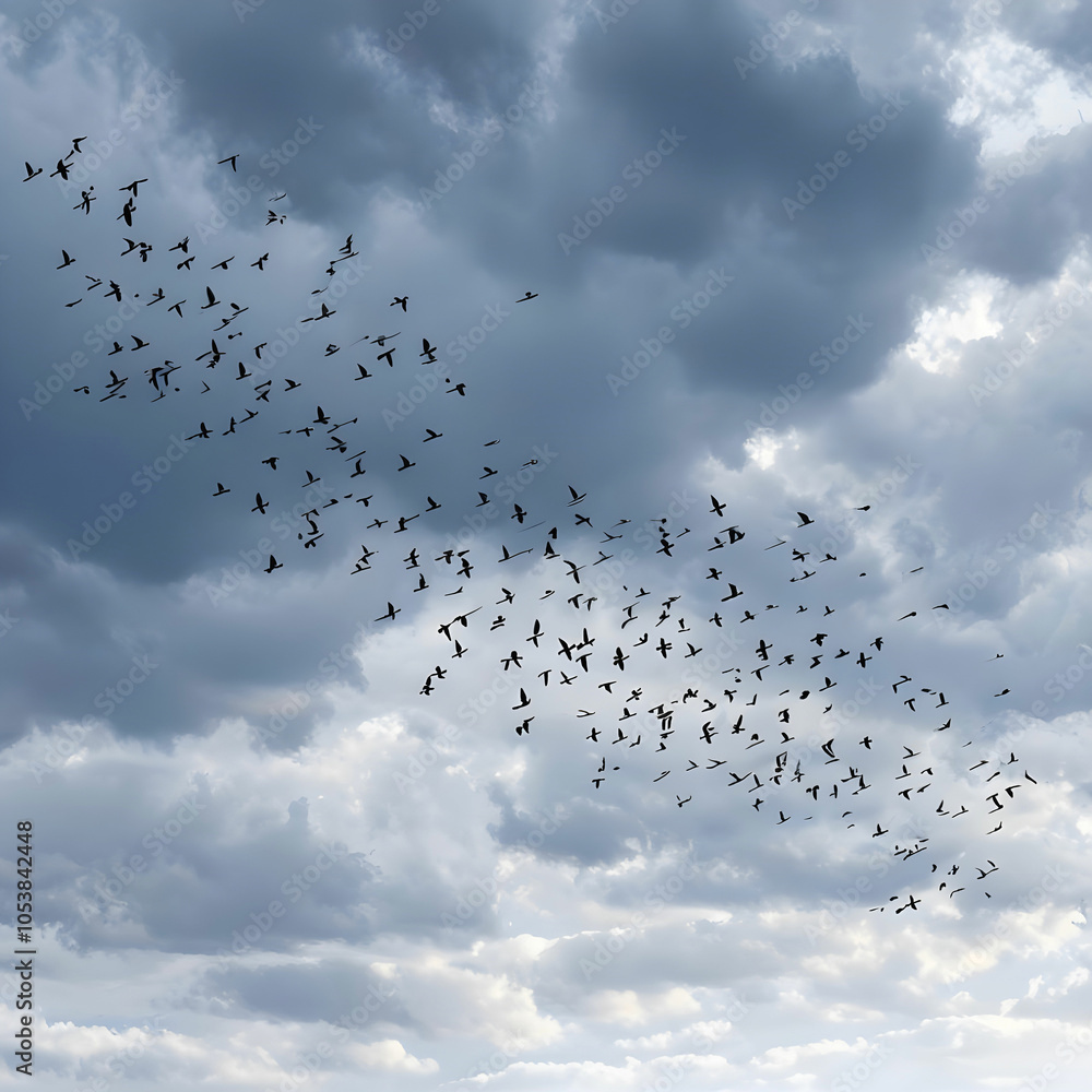 Fototapeta premium flock of birds flying against a cloudy sky during migration