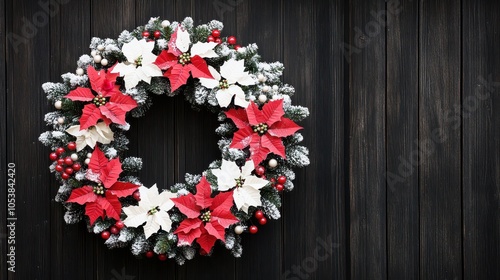 Snow dusted Christmas wreath adorned with red and white poinsettias, perfect for holiday decorations against a dark wooden background. photo