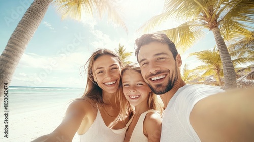 Wallpaper Mural High-resolution photorealistic image of a happy family taking a selfie on a bright beach day, with palm trees and radiant smiles Styled like a high-end lifestyle magazine with a light bright happy Torontodigital.ca