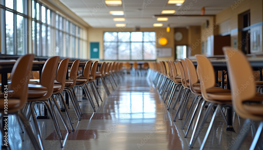 Neatly Stacked and empty Chairs in a Cafeteria Setting Neatly Stacked and empty Chairs in a Cafeteria Setting