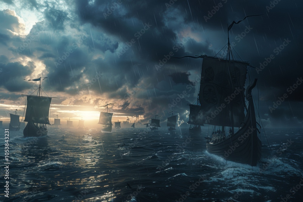 Fototapeta premium Vikings ships on the horizon of stormy ocean. Mysterious atmosphere under the shining sky. 3D render illustration.