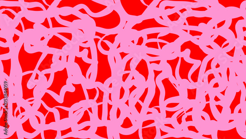 Pink-Red Trendy Abstract Geometric Vector Pattern. Pink Hand Drawn Chaotic Wavy Lines on a Red Background. Simple Repeatable Print with Irregular Scribbles. Abstract Doodle Endless Design. 