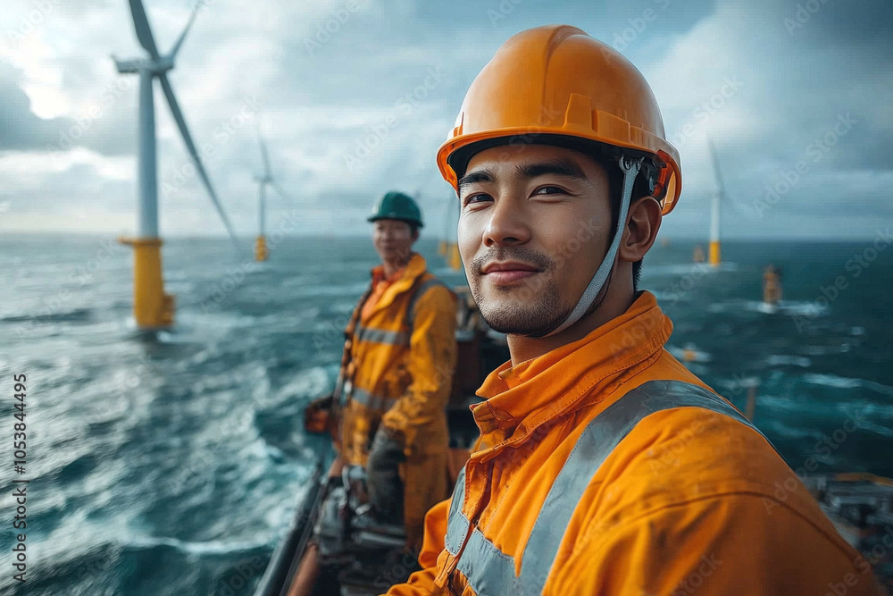 Asian engineers working at offshore wind farm on a clear day Asian engineers working at offshore wind farm on a clear day