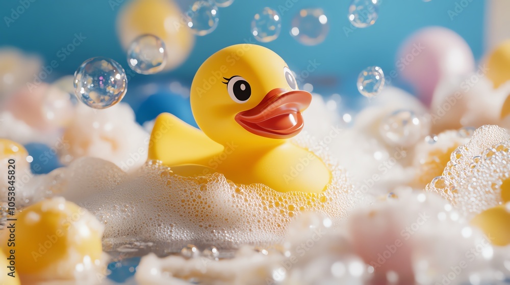 Yellow rubber duck surrounded by bubbles and bath foam, playful and cheerful scene. Yellow rubber duck surrounded by bubbles and bath foam, playful and cheerful scene.