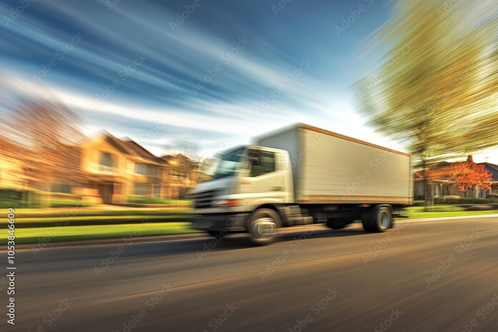 Transport truck speeding along a quiet suburban road, with motion blur creating a sense of urgency and efficiency in last-mile delivery services Transport truck speeding along a quiet suburban road, with motion blur creating a sense of urgency and efficiency in last-mile delivery services