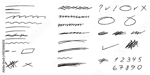 Set of hand-drawn lines for underlining and correcting text. Markers for highlighting important notes in notebook