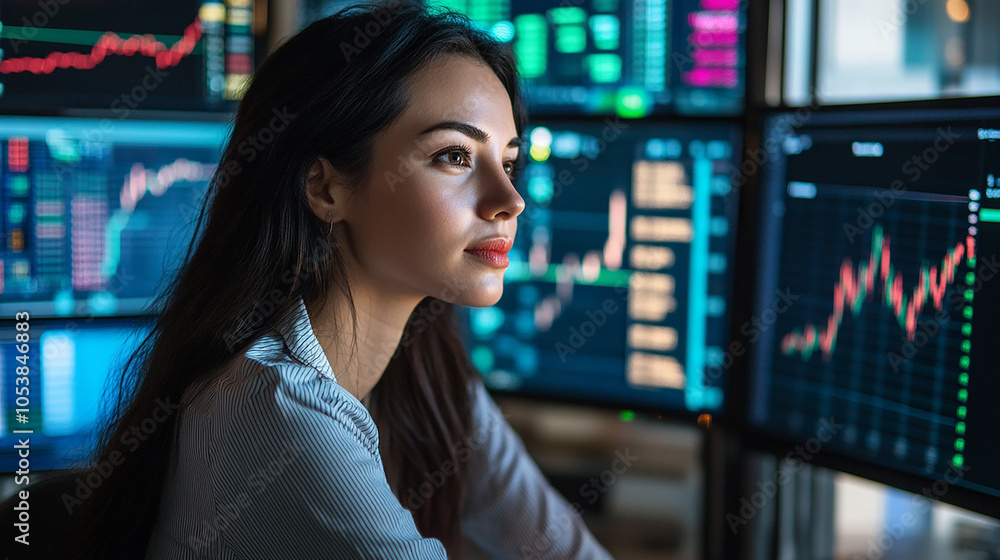 Businesswoman analyzing stock market trends on multiple monitors in a high-tech office. Businesswoman analyzing stock market trends on multiple monitors in a high-tech office.