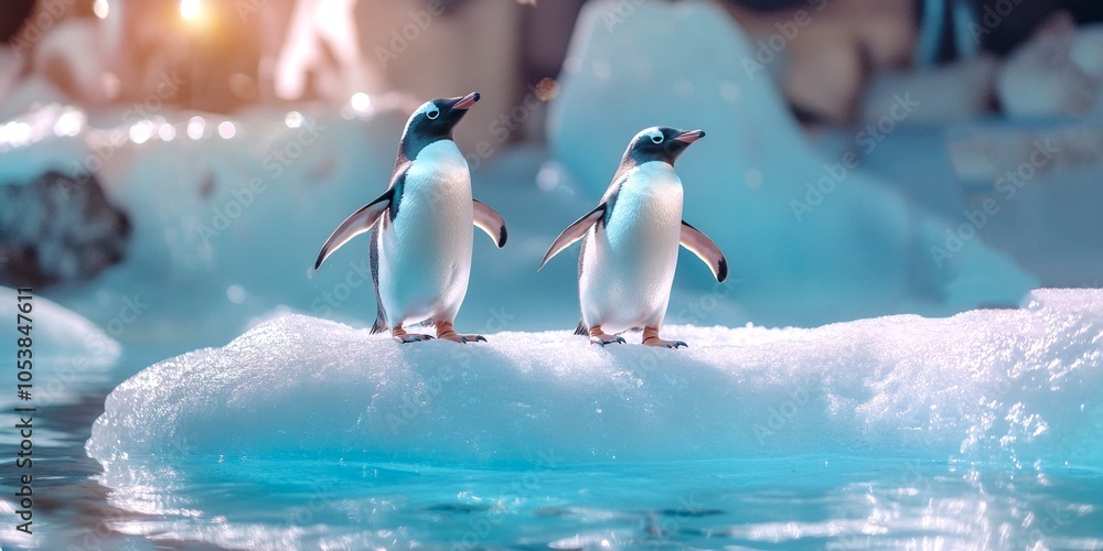 Obraz premium Two charming penguins stand on an ice floe. It is a delightful scene depicting their playful nature and the beauty of their icy habitat. Perfect for wildlife lovers. AI