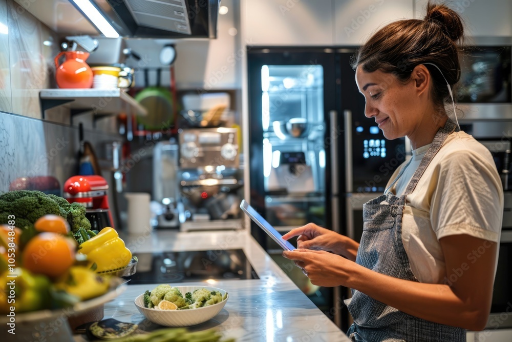 Fototapeta premium Woman using a tablet to control smart home devices while working in the kitchen, illustrating the convenience of AI in everyday tasks