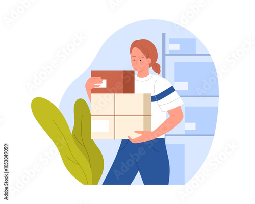 Courier carrying boxes, girl holding paper bags from post office vector illustration