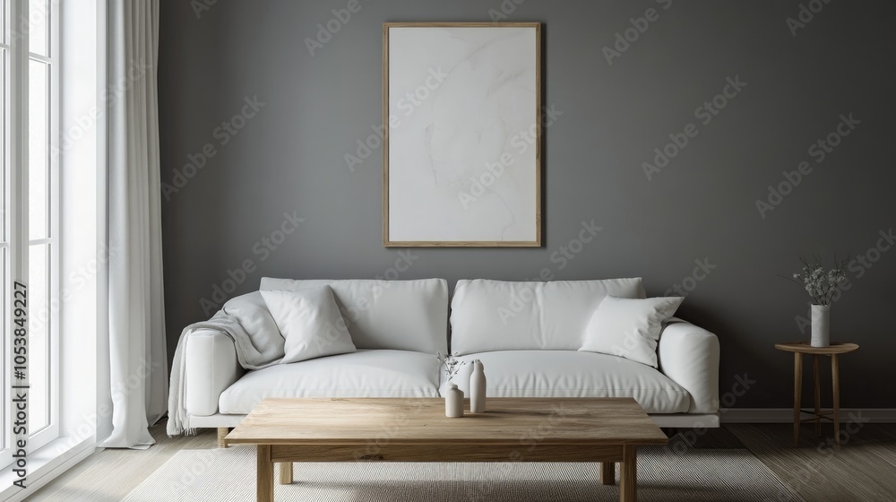 A realistic photo of a clean, minimalist living room with a wooden coffee table beside a white sofa. The grey wall and art poster enhance the modern design. Styled like a high-end lifestyle magazine A realistic photo of a clean, minimalist living room with a wooden coffee table beside a white sofa. The grey wall and art poster enhance the modern design. Styled like a high-end lifestyle magazine