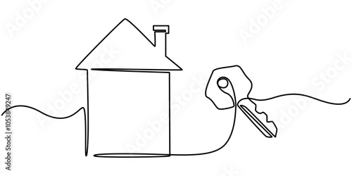 Real Estate Agent Single Line Icon, Renting & Buying Property Continuous Line Editable Icon, Keys Single Line Icon, house with key continuous one line drawing, Set of keys against white background.