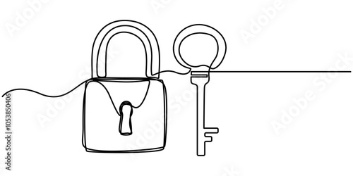 Keys and locker continuous one line drawing, Security Padlock Line icon, Sketch Design, Pixel perfect, Editable stroke, Encryption, Firewall, Guarding, Key, love key with love padlock continuous line