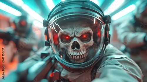 A skeleton dons an astronaut helmet, its eyes glowing ominously red within a futuristic corridor, evoking fear and the unknown in a science fiction setting.