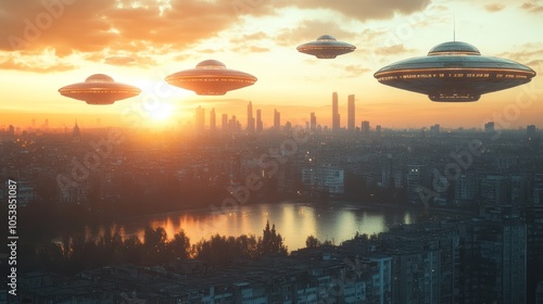 Four UFOs fly over a city skyline at sunset.