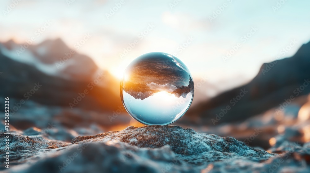 A crystal sphere captures an upside-down mountain range, with clear skies and sunlight reflecting on its surface, highlighting nature's beauty and tranquility. A crystal sphere captures an upside-down mountain range, with clear skies and sunlight reflecting on its surface, highlighting nature's beauty and tranquility.