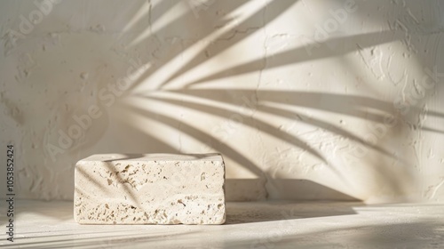 Elegant product display with stone, minimalistic design, and natural leaf shadows